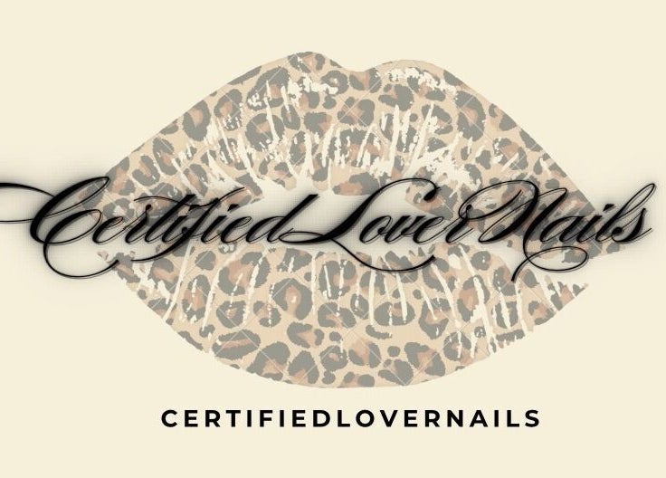 Certified Lover Nails logo with leopard print lips in Mitcham, England, GB.