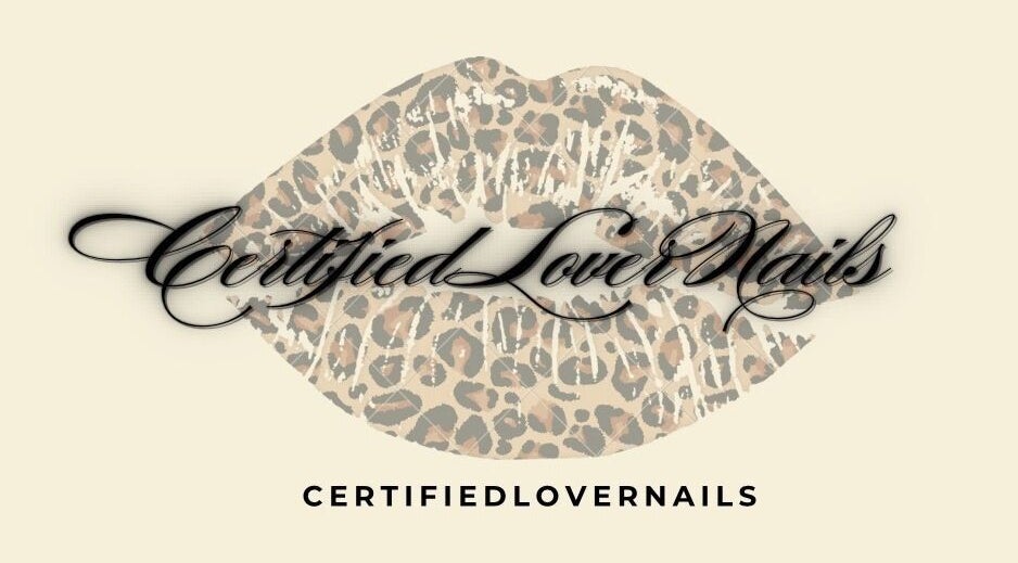 Certified Lover Nails logo with leopard print lips in Mitcham, England, GB.