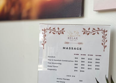 Massage services menu at Relax Thai Spa, Redondo Beach, California, US showcasing various treatments.
