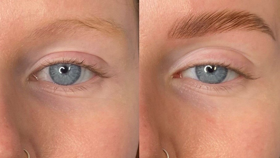 Eyebrow transformation at Be You Beauty Hub in Vienna, Virginia, US, showcasing before and after results.