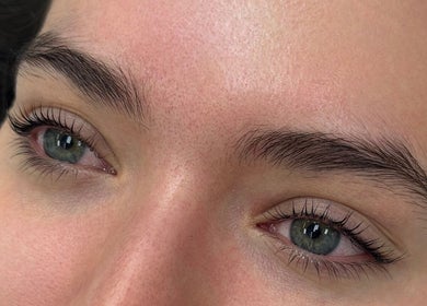 Close-up of expertly styled lashes and brows at Be You Beauty Hub, Vienna, Virginia, US.