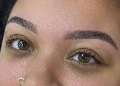 Close-up of expertly shaped eyebrows at Be You Beauty Hub, Vienna, Virginia, US.