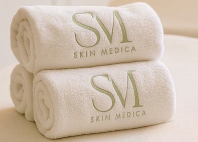 Stacked Skin Medica towels in Smethwick, England, GB spa create a luxurious ambiance.