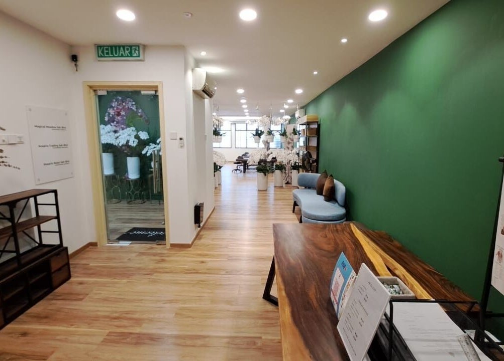 Elegant interior of The Flexologist in Kuala Lumpur, MY, featuring a cozy seating area and green accent wall.