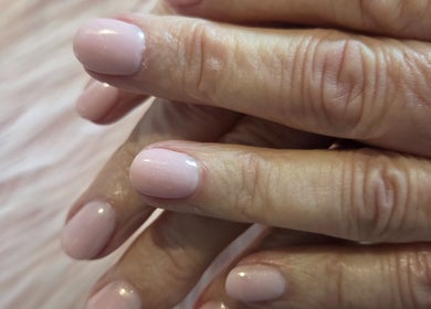 Close-up of manicured nails in soft pink gel polish by Fab Nails - Mobile Nail Services, Newcastle upon Tyne, England, GB.