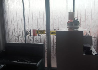 Reception area at Iya Wellness Spa, Bacoor, Calabarzon with bamboo-patterned frosted glass.