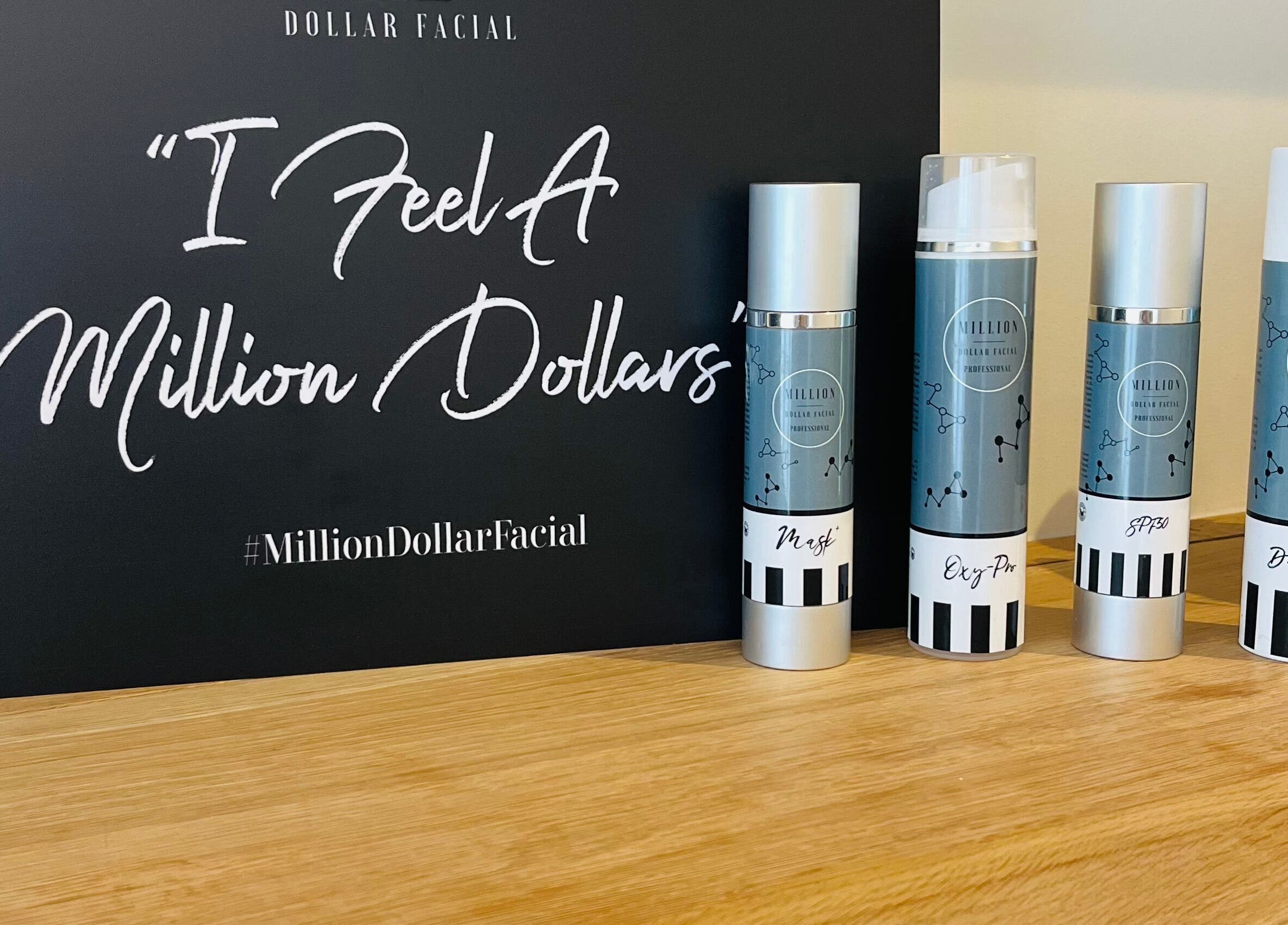 Skincare products at Thanet Rejuvenation Studio in RAMSGATE, England, GB with 'I Feel A Million Dollars' poster.