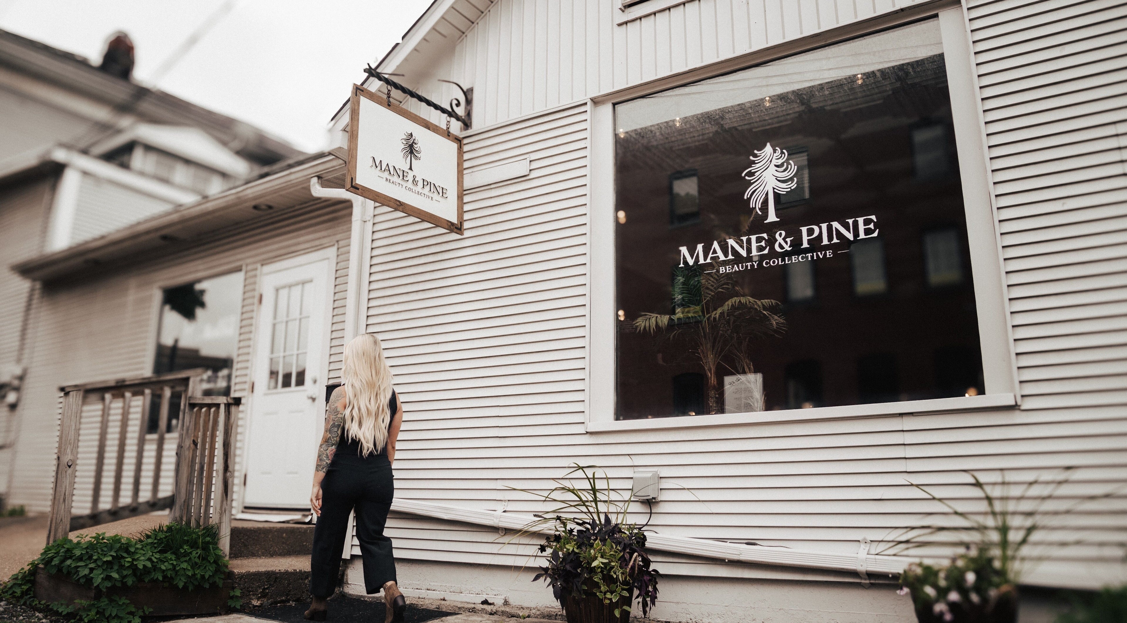 Mane & Pine (Laurie Gurr Beauty) entrance in East Aurora, New York, US, showcasing its elegant storefront.