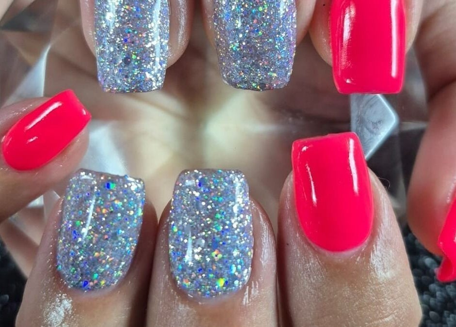 Vibrant red and glitter nails at Eksie Perfeksie Naels, Gqeberha, Eastern Cape, ZA.