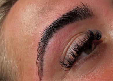 Close-up of expertly shaped brows and lashes at A.S.K BEAUTY, Hayle, England, GB.
