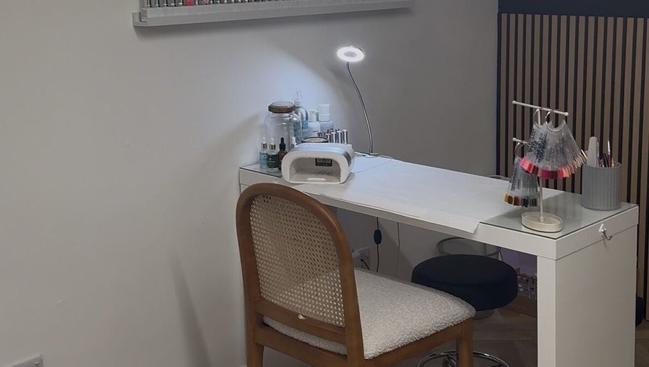 Elegant nail station at BayCo Beauty in Faringdon, England, GB with manicure tools and soft lighting.