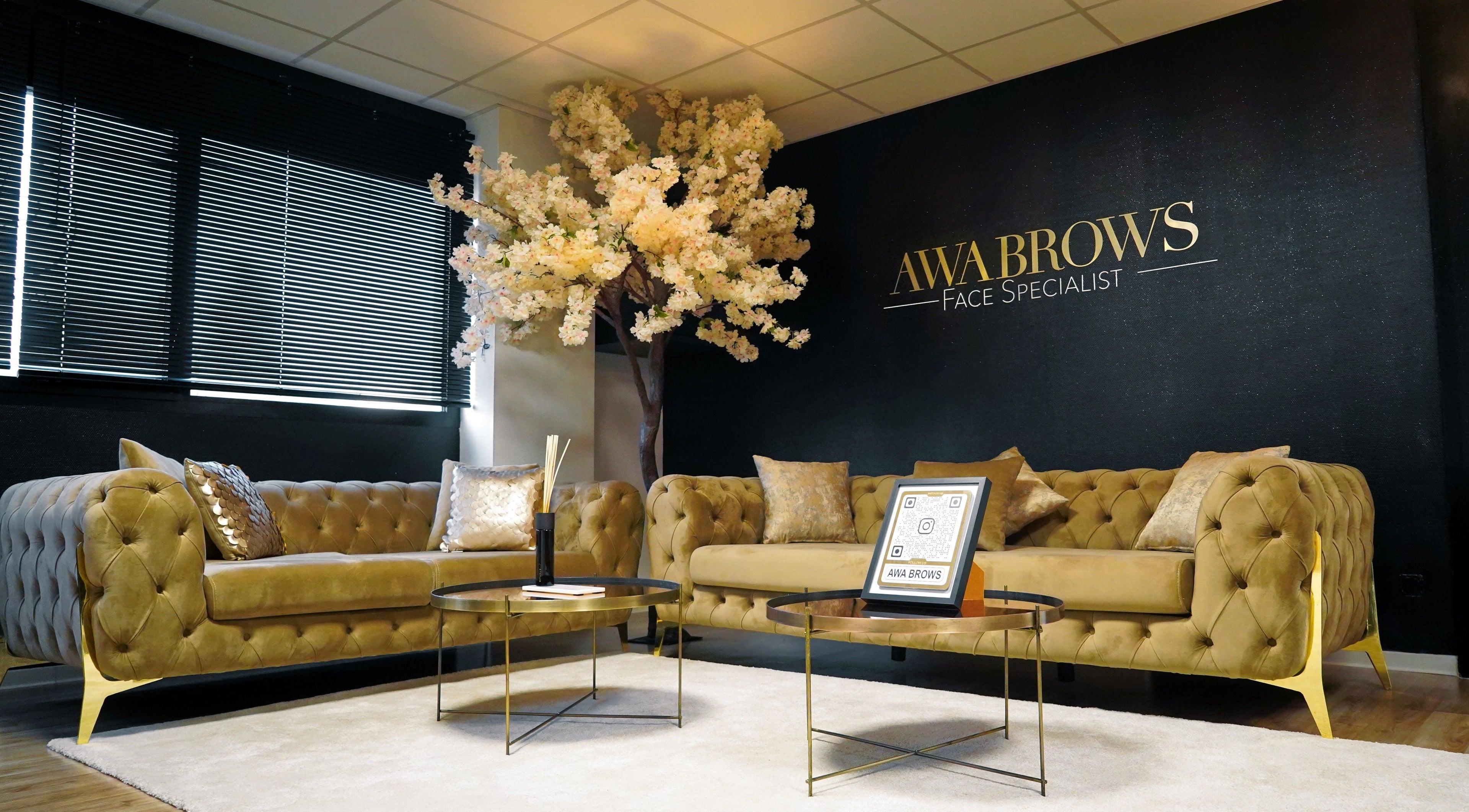 Salon chic d'AWABROWS - Beauty & School à Toulouse, Occitanie, FR avec des canapés luxueux et un arbre décoratif.