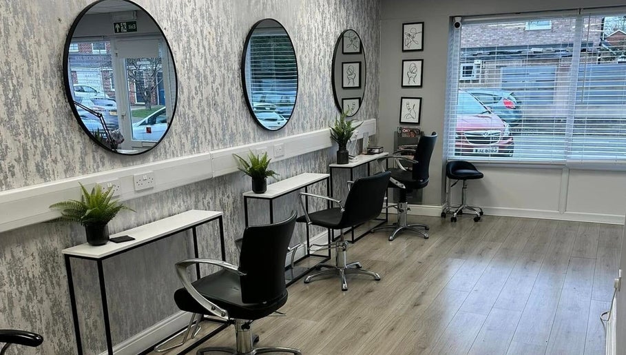 Modern salon interior with mirrors at Contour UK, Fazeley, England, GB.