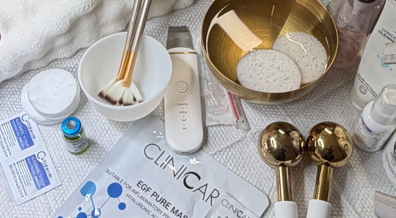 Beauty tools and skincare products at Laysbeautyparlour, London, England, GB for rejuvenating treatments.