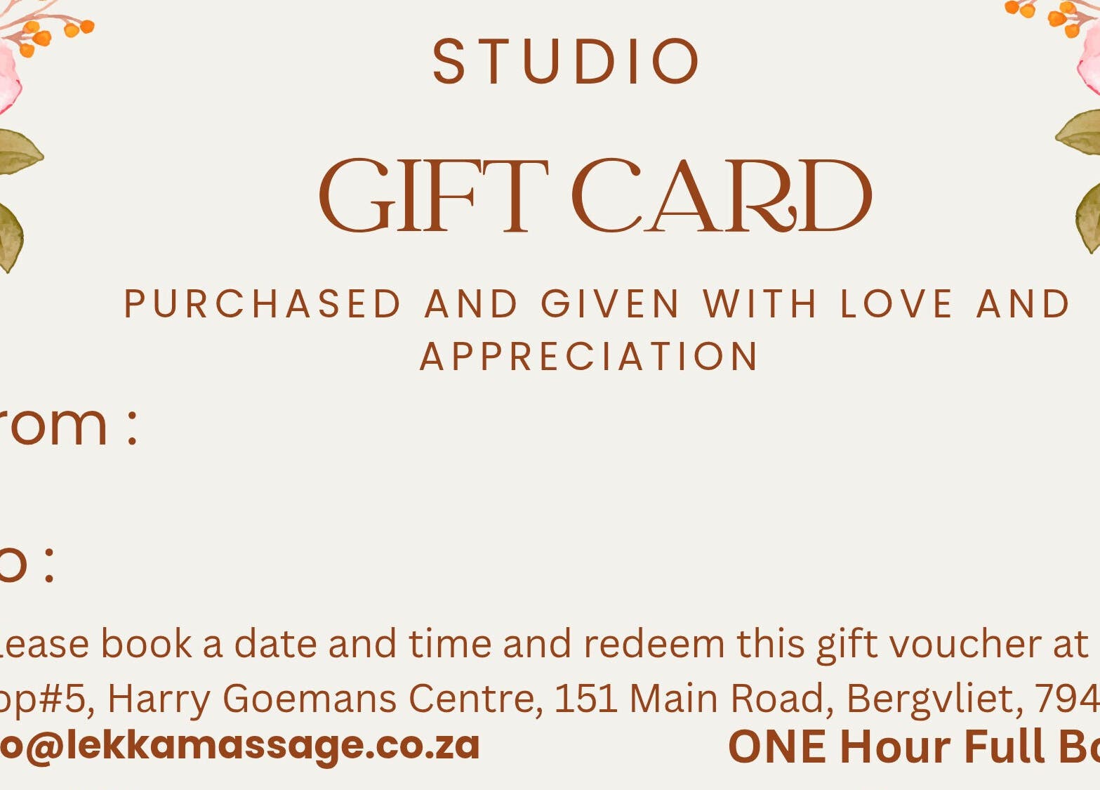 Elegant gift card from Lek Ka Thai Massage Studio Bergvliet at Cape Town, Western Cape, ZA with floral design.