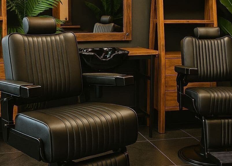 Luxurious barber chairs at Wild Barber Boat Avenue, Choeng Thale, Phuket, TH, offering a stylish grooming experience.