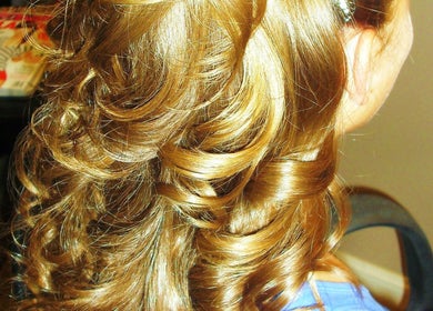 Elegant golden curls styled at Myla @Battle Born Beauty Salon, Topaz Ranch Estates, Nevada, US.