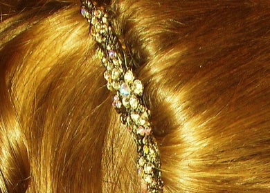 Elegant jeweled headband in blond hair at Myla @Battle Born Beauty Salon, Topaz Ranch Estates, Nevada, US.