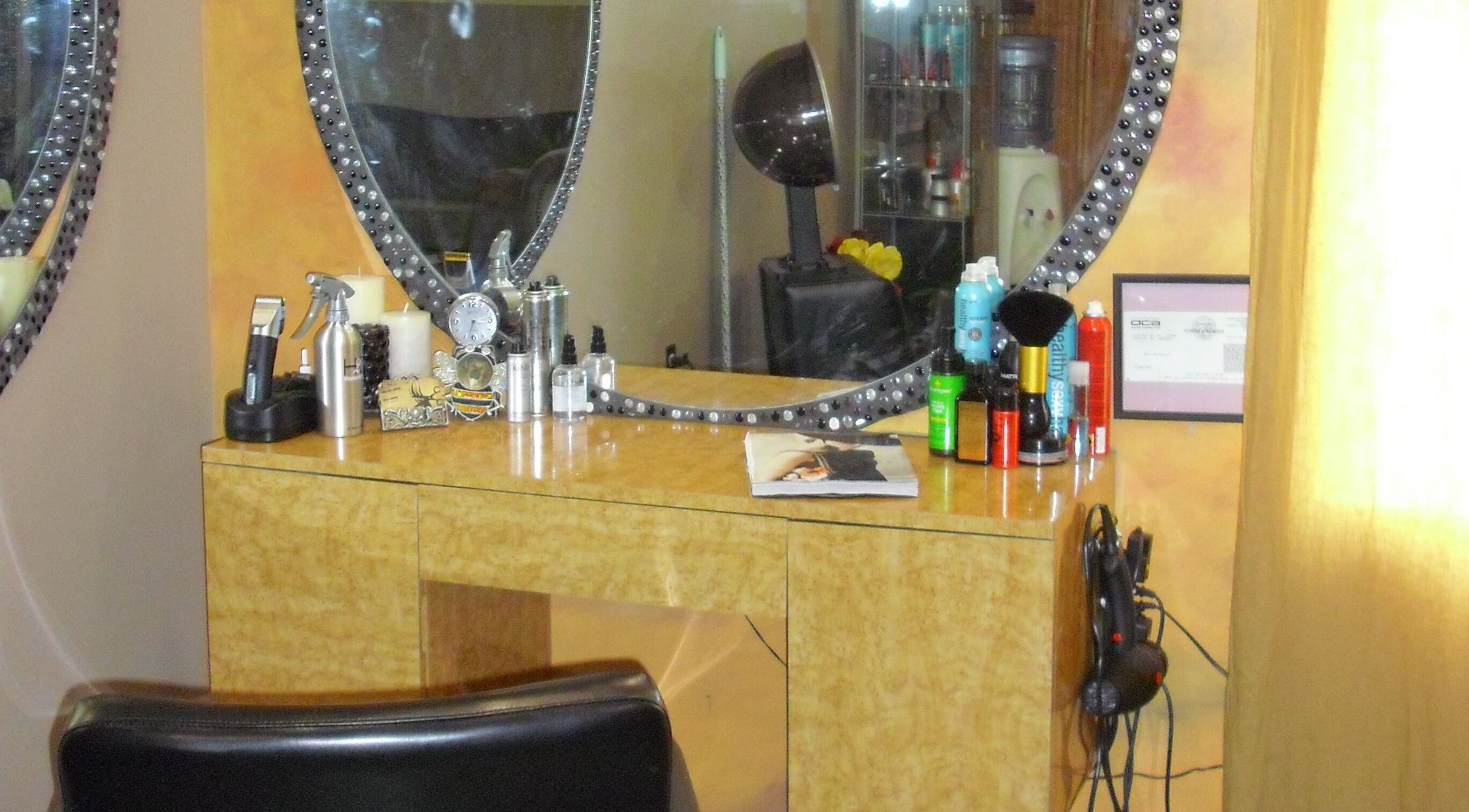 Beauty station at Battle Born Beauty Salon in Topaz Ranch Estates, Nevada, US with tools and products displayed.