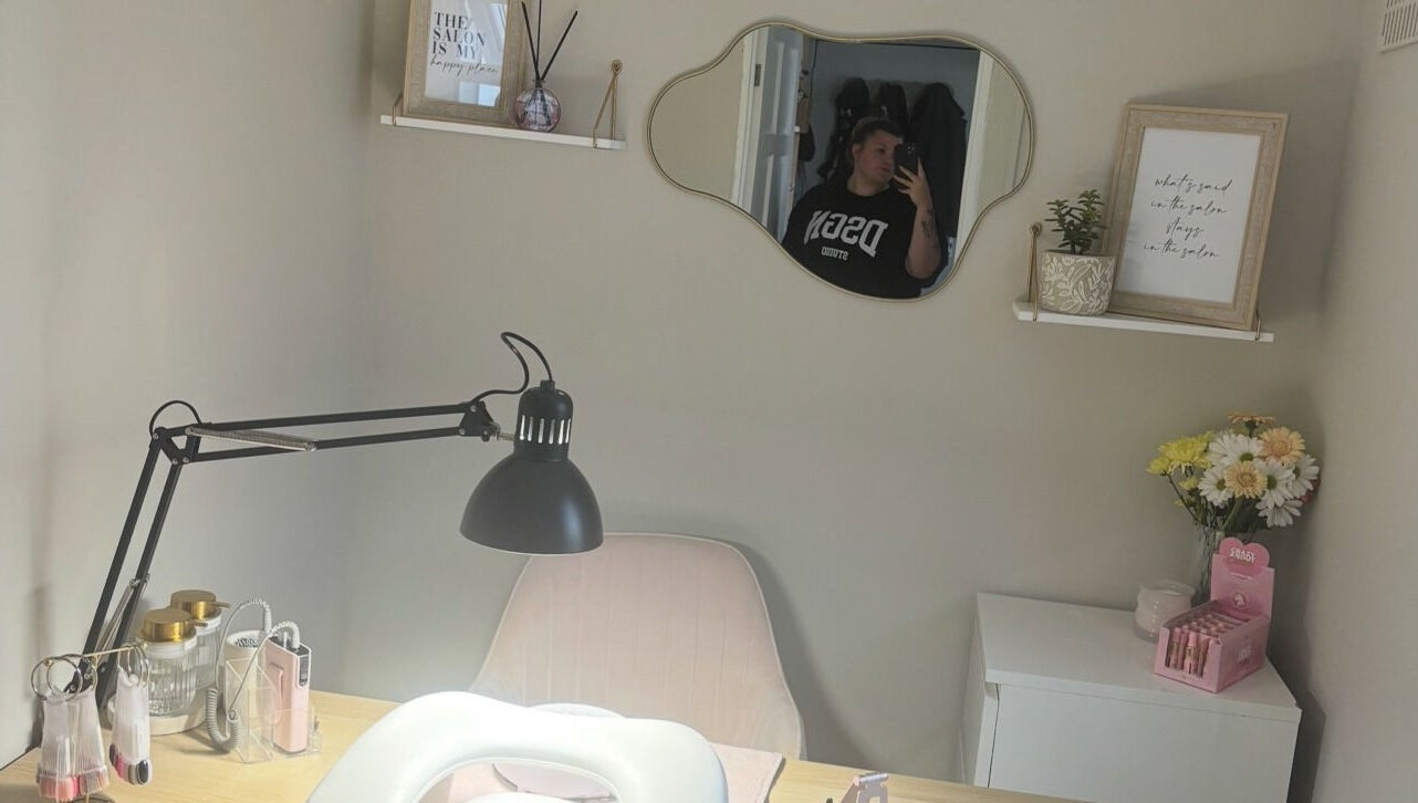 Cozy nail station at Nails By Jade in Uxbridge, England. Warm, inviting ambiance with stylish decor.