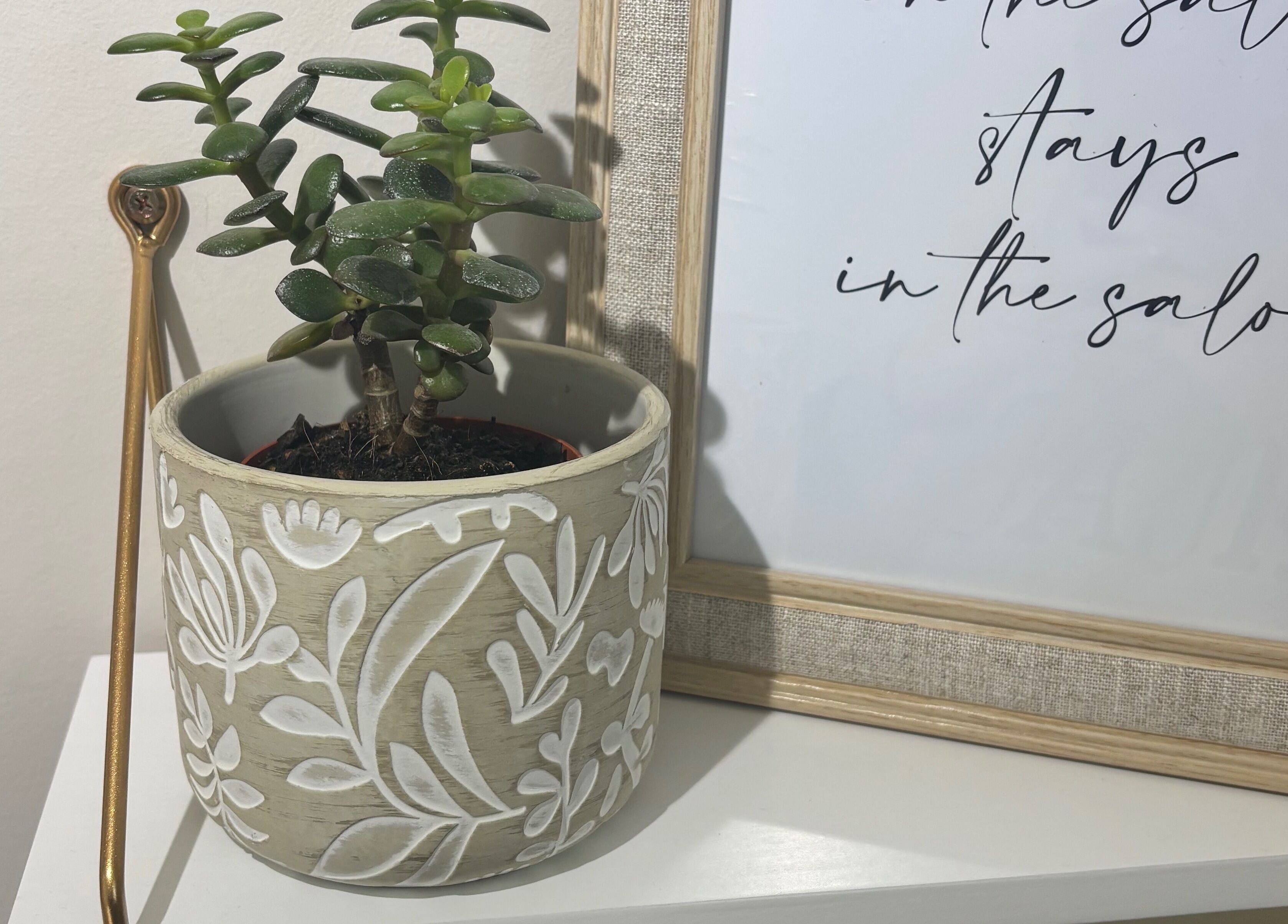 Elegant plant and framed quote at Nails By Jade, Uxbridge, England, GB creating a tranquil atmosphere.