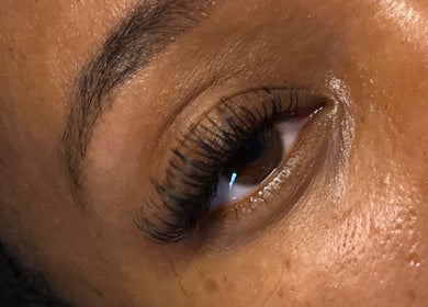Closeup of professionally done eyelash extensions at AP Lash Lounge, Manchester, England, GB.