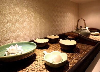 Elegant spa arrangement at Yinyang Spa-Village Mall, Dubai, Dubai, AE showcasing pottery and a tea set.