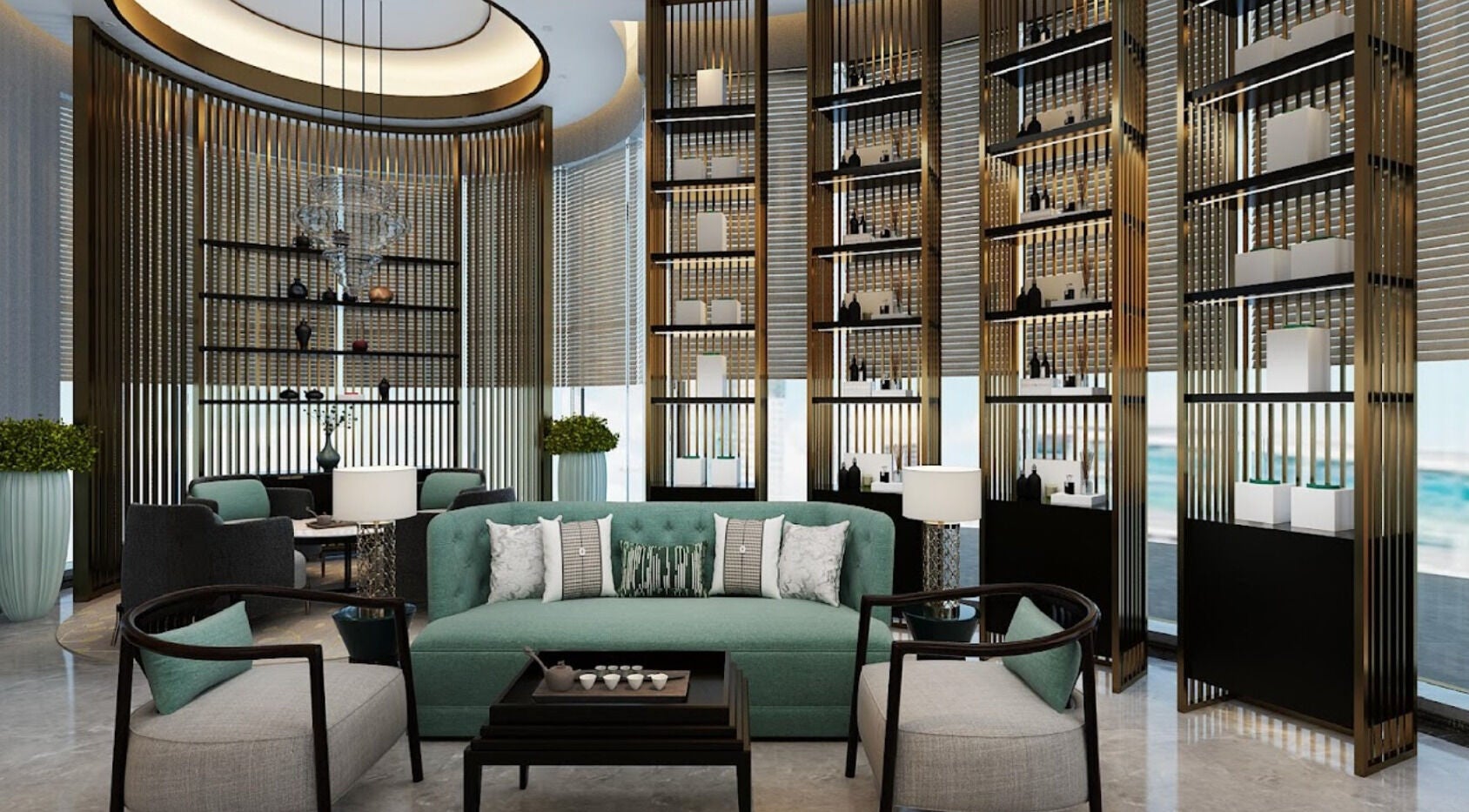 Elegant lounge at Yinyang Spa - Al Ferdous in Dubai, Dubai, AE with plush seating and modern decor.