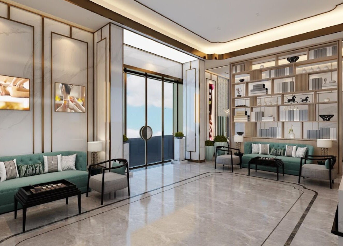 Luxurious waiting area at Yinyang Spa - Al Ferdous in Dubai, Dubai, AE, featuring plush seating and modern decor.