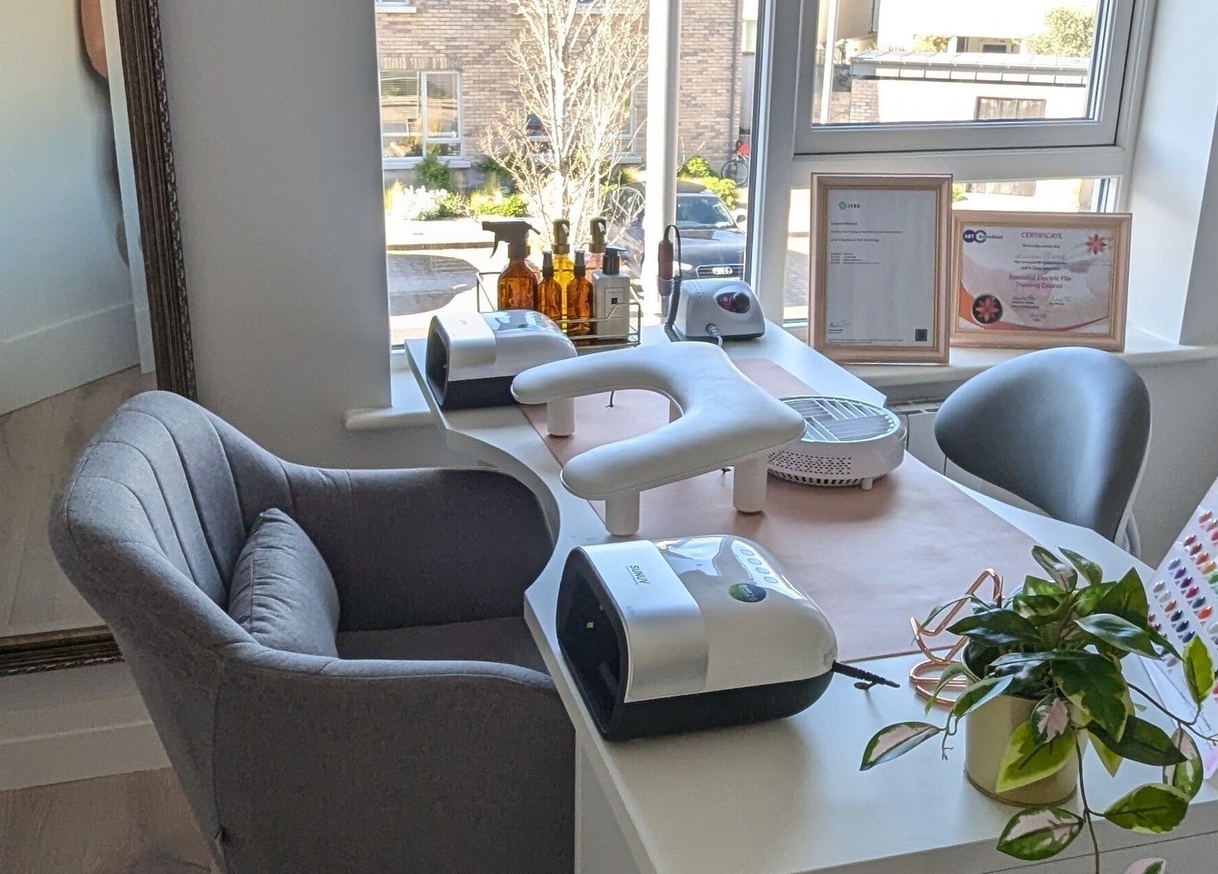 Cozy nail station at Quest Nails, Greystones, County Wicklow, IE, featuring modern equipment and decor.