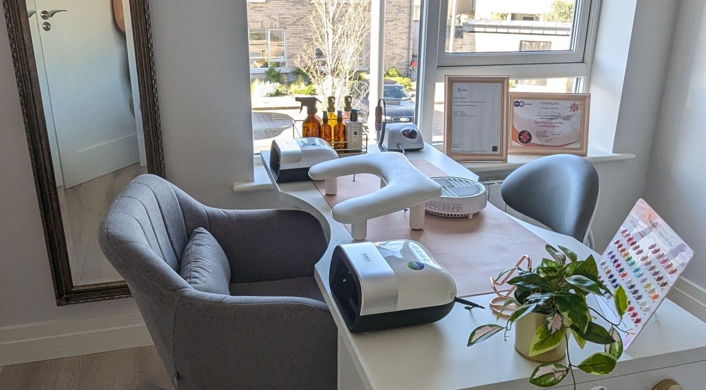 Cozy nail station at Quest Nails, Greystones, County Wicklow, IE, featuring modern equipment and decor.