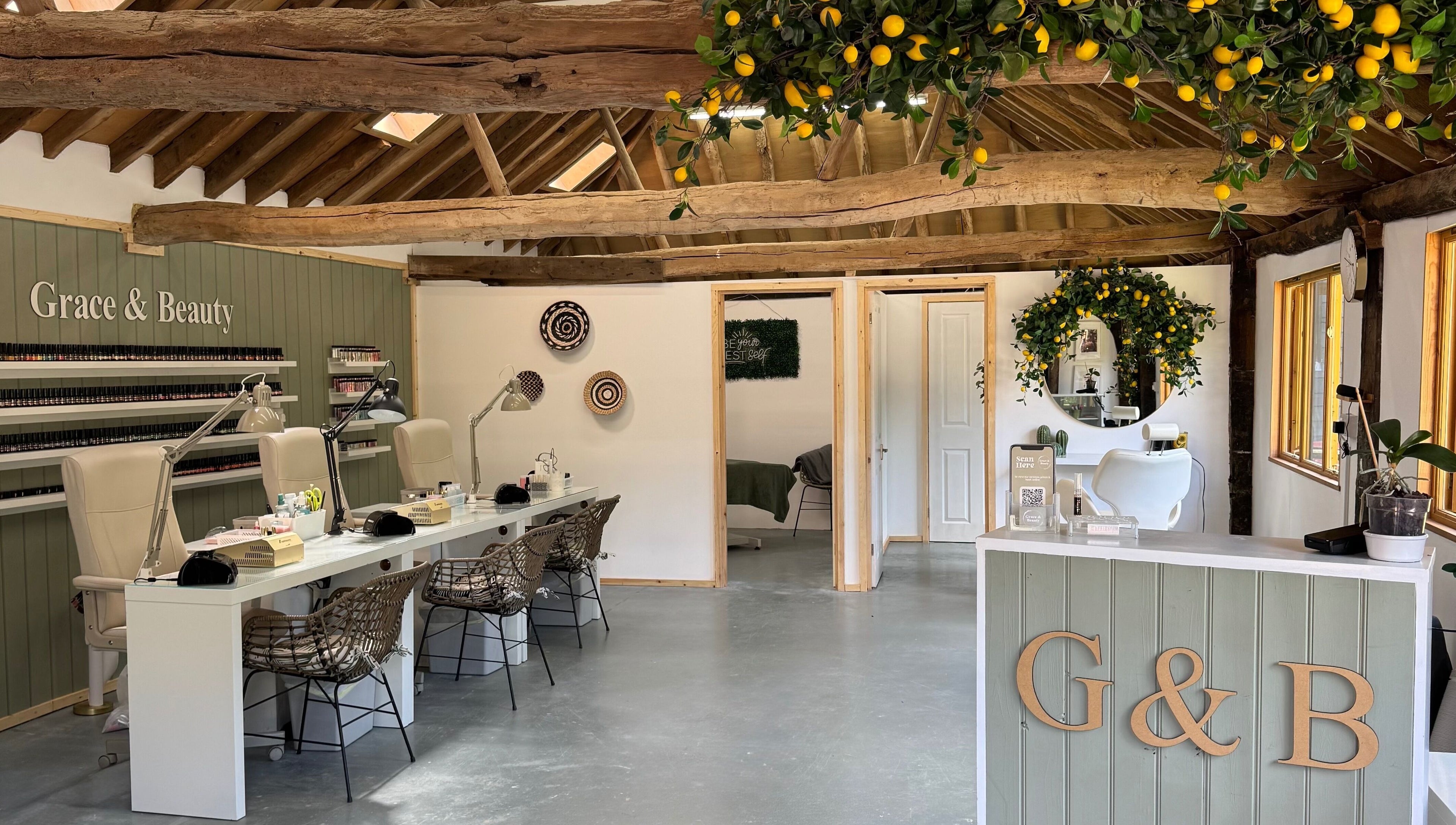 Grace & Beauty salon interior with rustic decor on Hayling Island, England, GB.