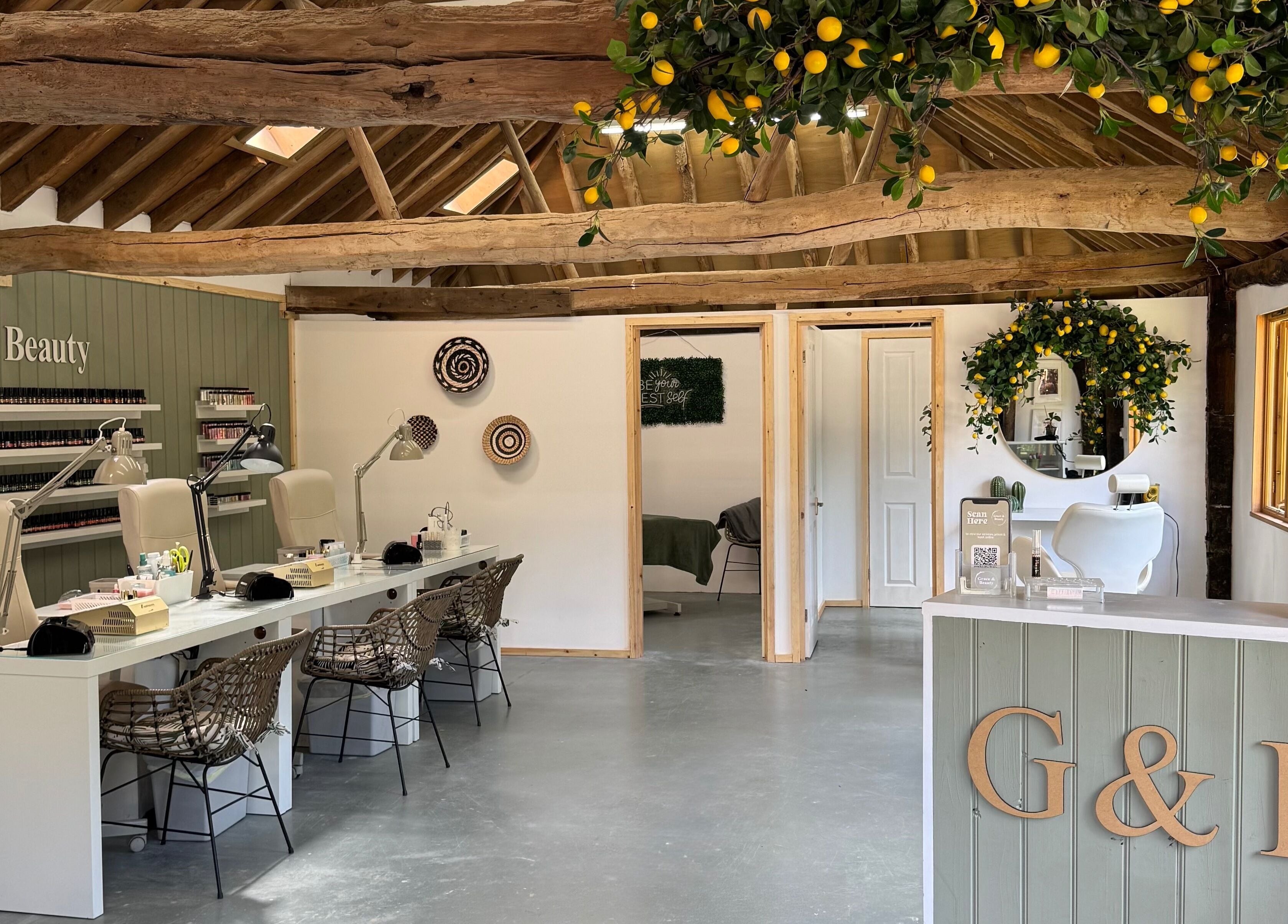 Grace & Beauty salon interior with rustic decor on Hayling Island, England, GB.