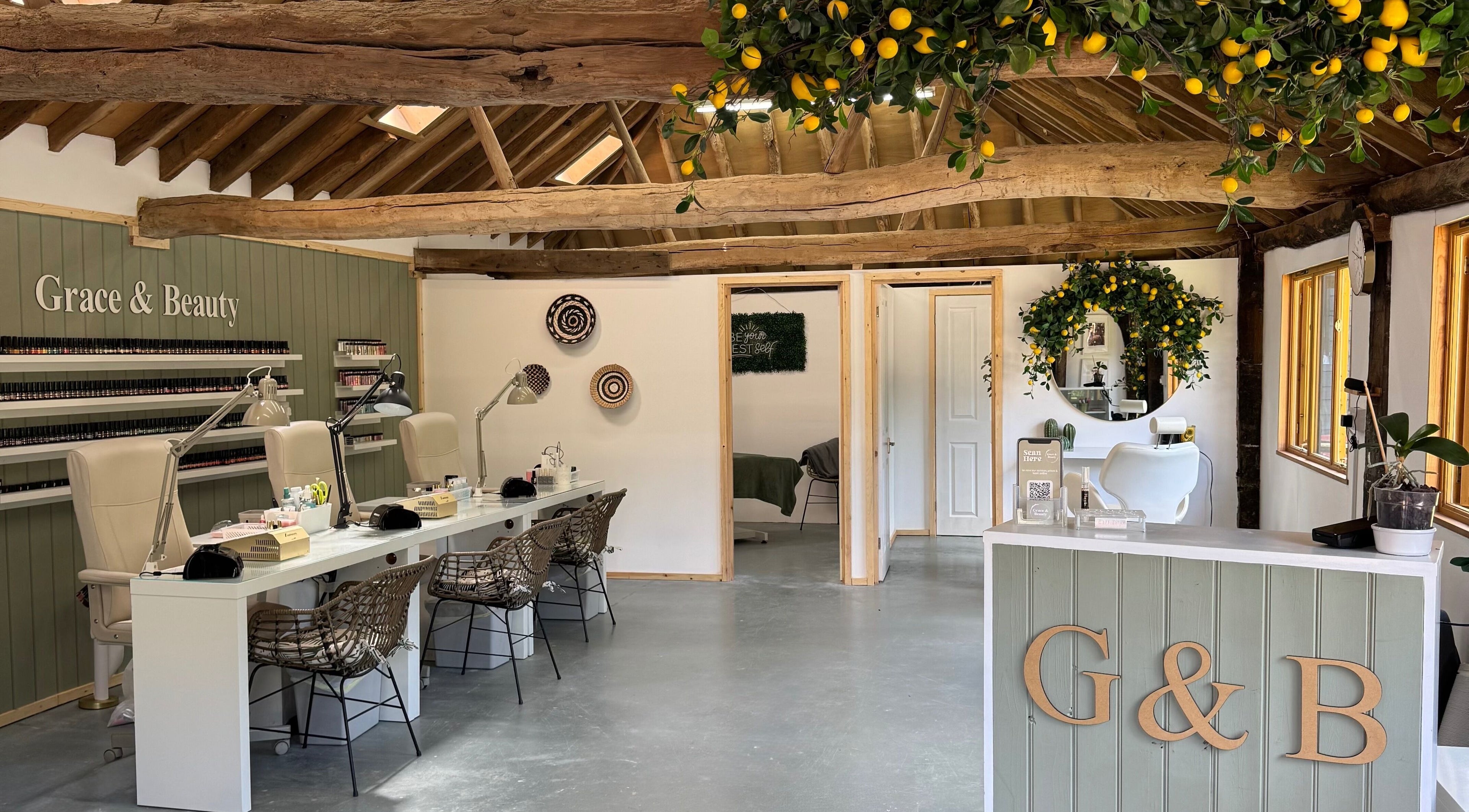 Grace & Beauty salon interior with rustic decor on Hayling Island, England, GB.
