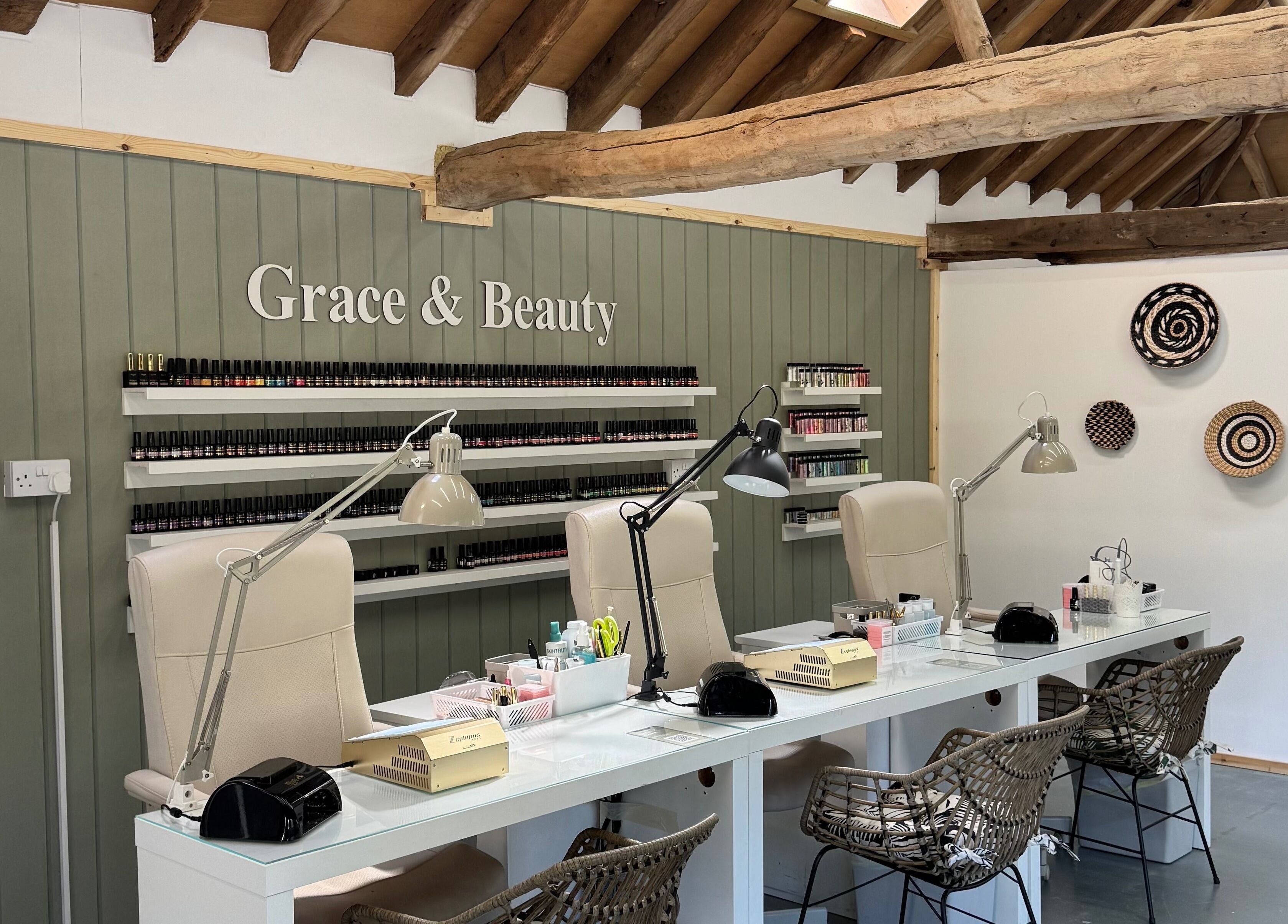 Grace & Beauty salon, premier nail station at Hayling Island, England, GB, featuring sleek design and polish displays.