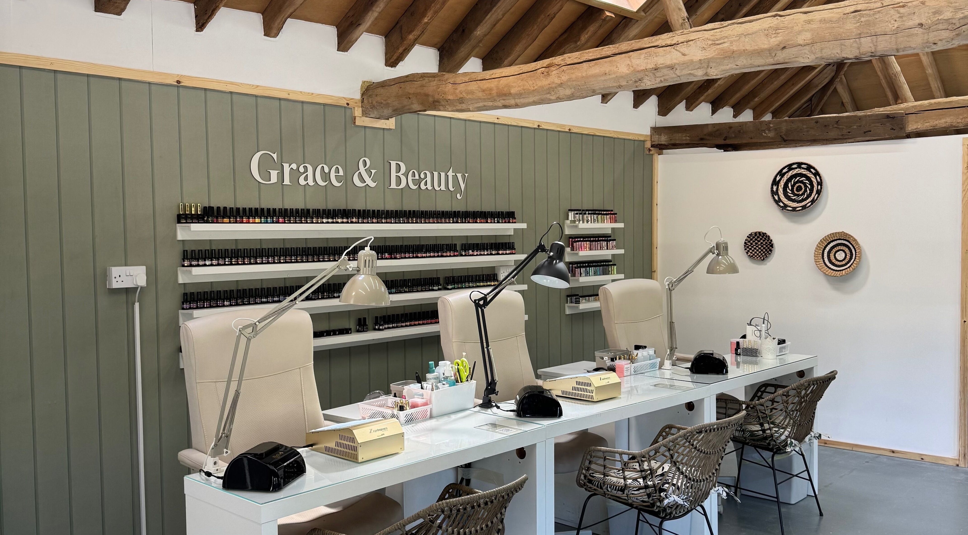 Grace & Beauty salon, premier nail station at Hayling Island, England, GB, featuring sleek design and polish displays.