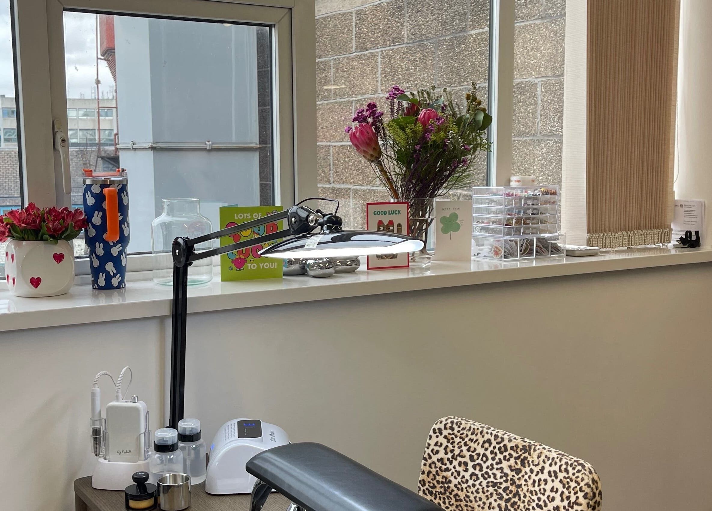 Inviting manicure station with decor at Fashi0n.Victim in Manchester, England, GB.