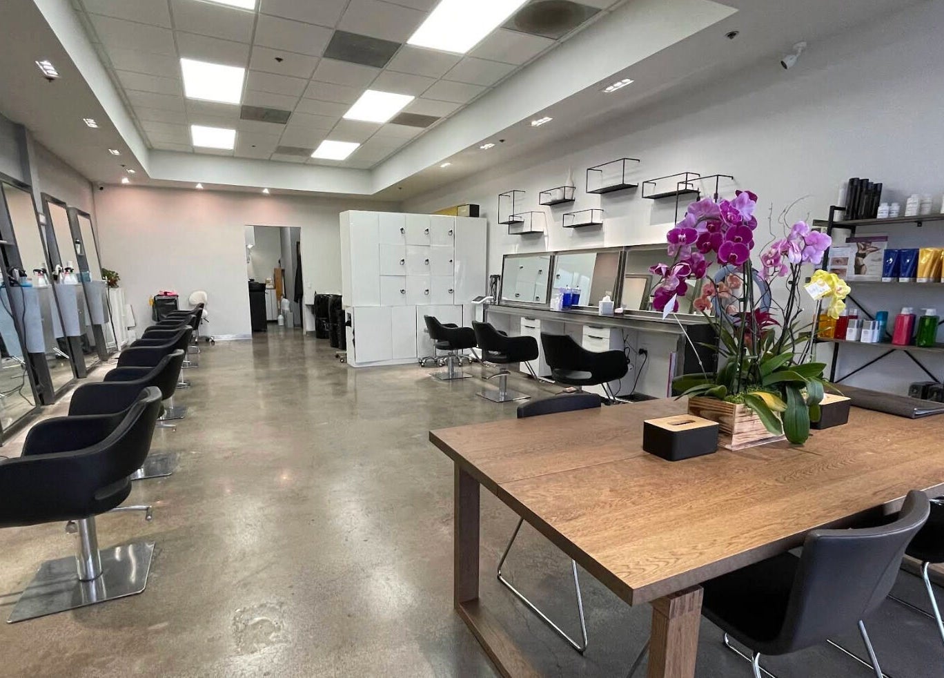 Modern salon layout with chairs and mirrors at Minimore极简造型, Rowland Heights, California, US.