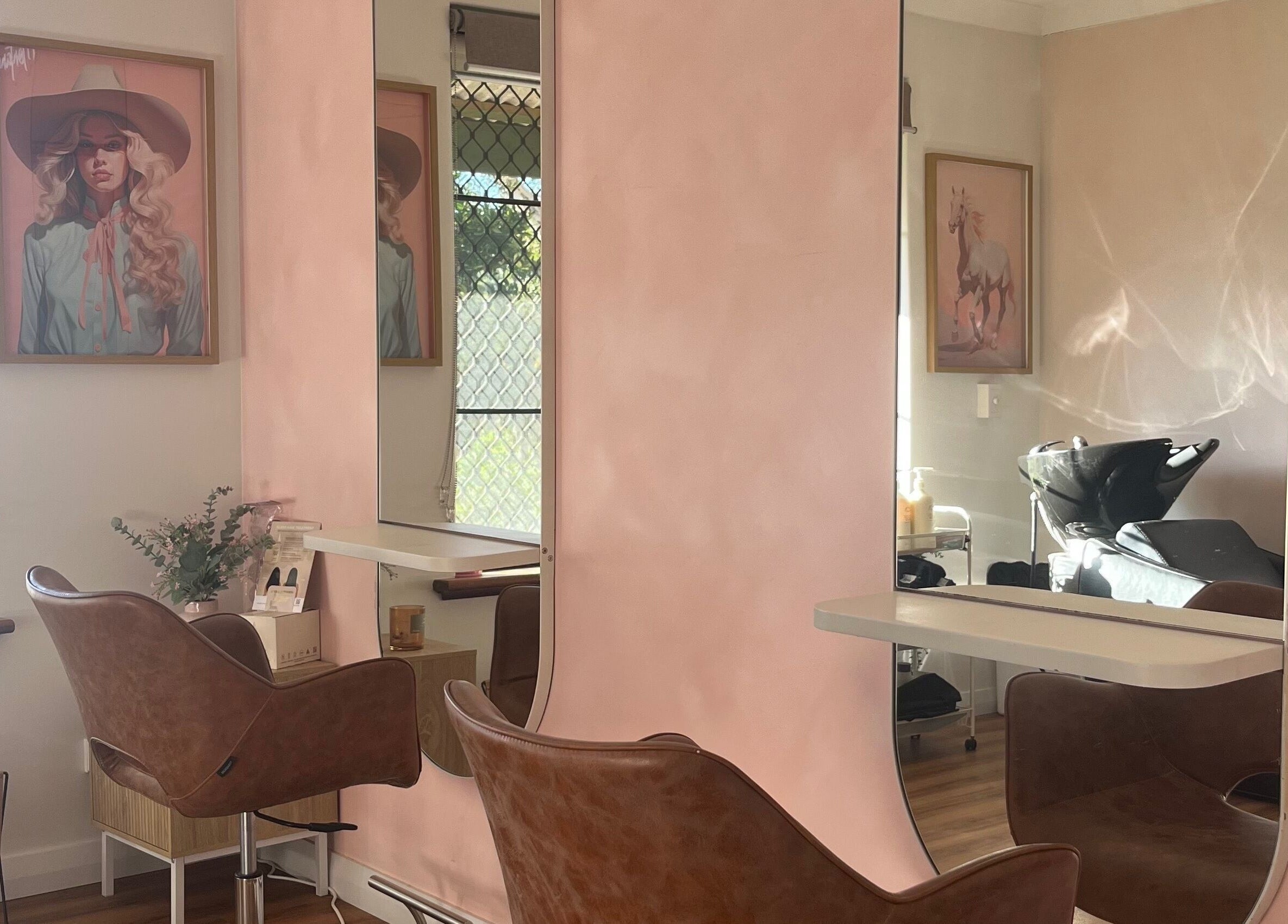 Stylish salon interior at Montana Jo Studio in Gingin, Western Australia, AU featuring elegant mirrors and chairs.