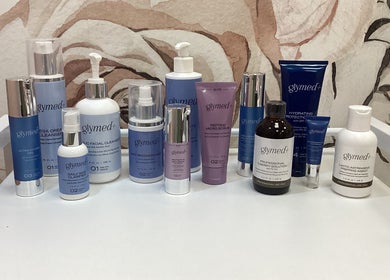 Glymed skincare products displayed at Beauty & Face Esthetics, Moline, Illinois, US.