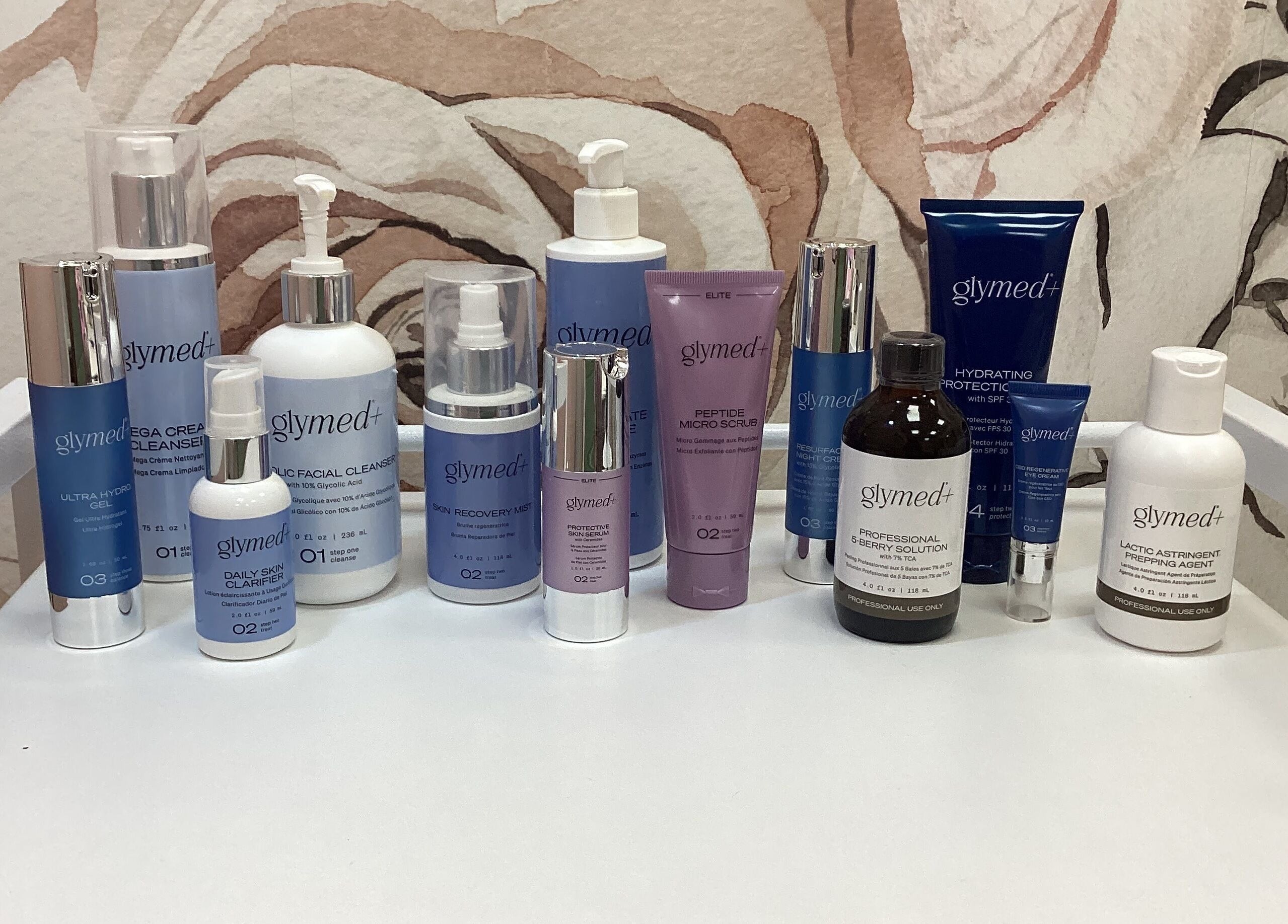 Glymed skincare products displayed at Beauty & Face Esthetics, Moline, Illinois, US.