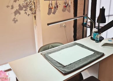 Nail care station at Rhiannon's Beauty Box, Long Melford, England, GB. Stylish and serene workspace.