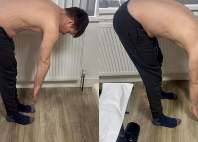 Man demonstrating posture therapy at Pain Management Clinic LDN in Ilford, England, GB.
