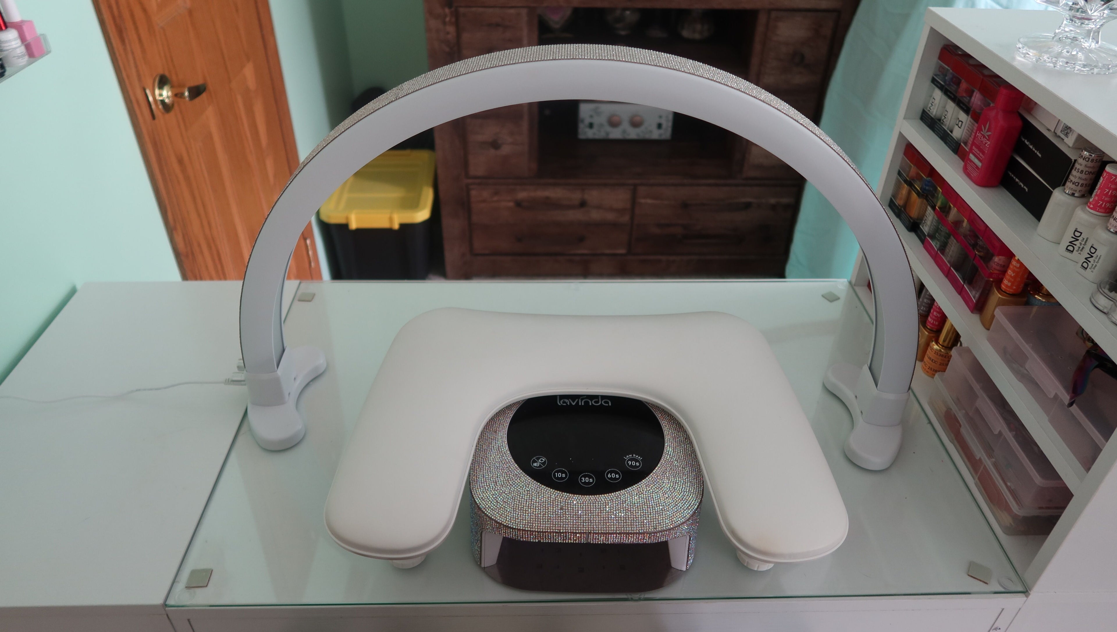 Modern nail station at KD Designs, Lawrenceburg, Indiana, US, featuring sleek manicure equipment.