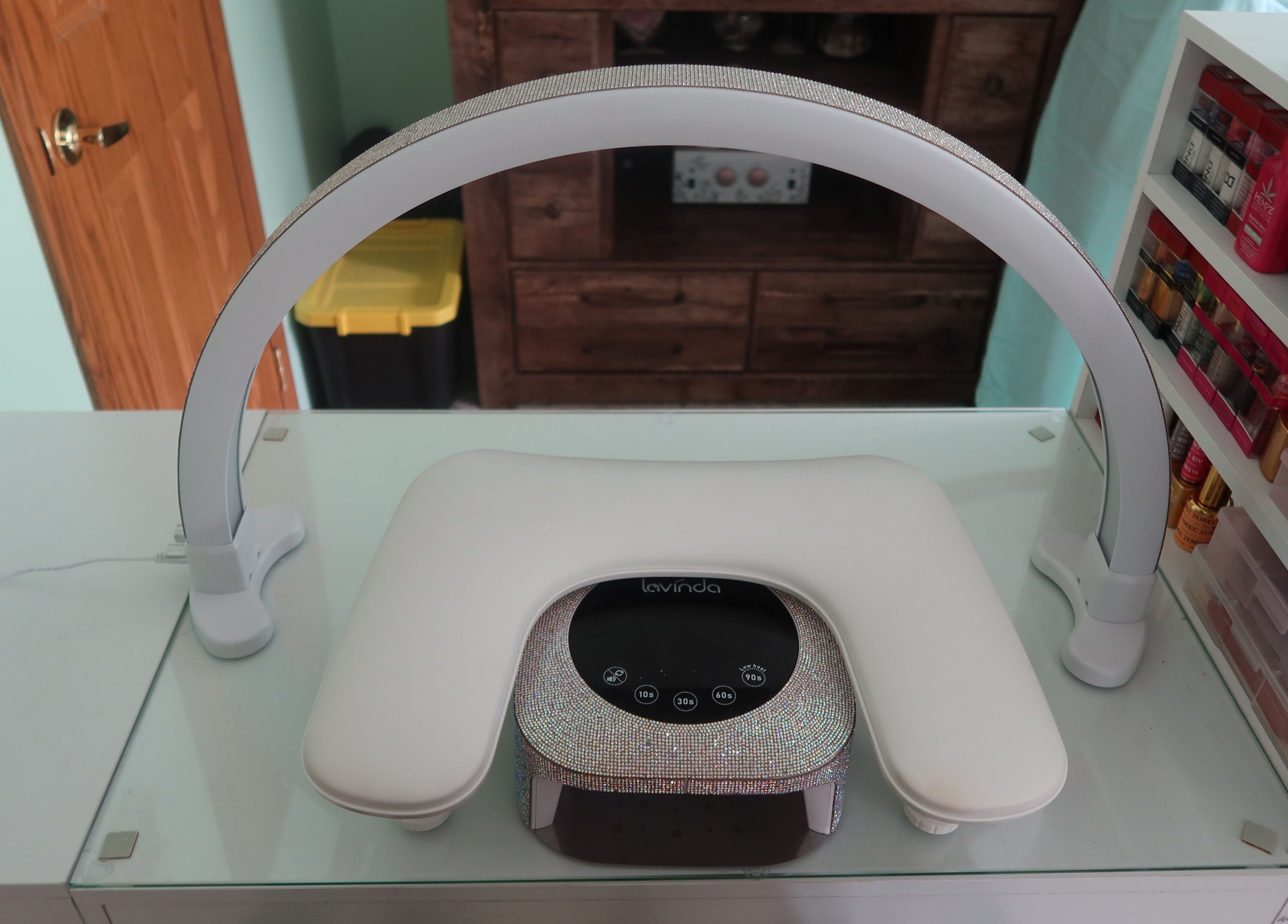 Modern nail station at KD Designs, Lawrenceburg, Indiana, US, featuring sleek manicure equipment.