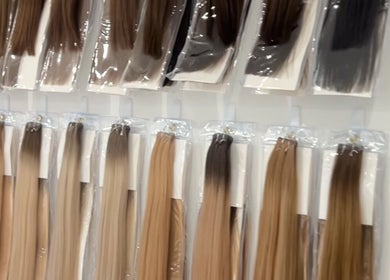 Variety of hair extensions displayed at Lily Solomon hair, Melbourne, Victoria, AU.
