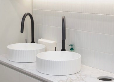 Modern twin sinks at Aesthetics By Wendy, showcasing luxury design in Brunswick East, Victoria, AU.