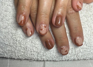 Chic brown nail art with hearts at Touch Of Glam by Tiff, Dubbo, New South Wales, AU.