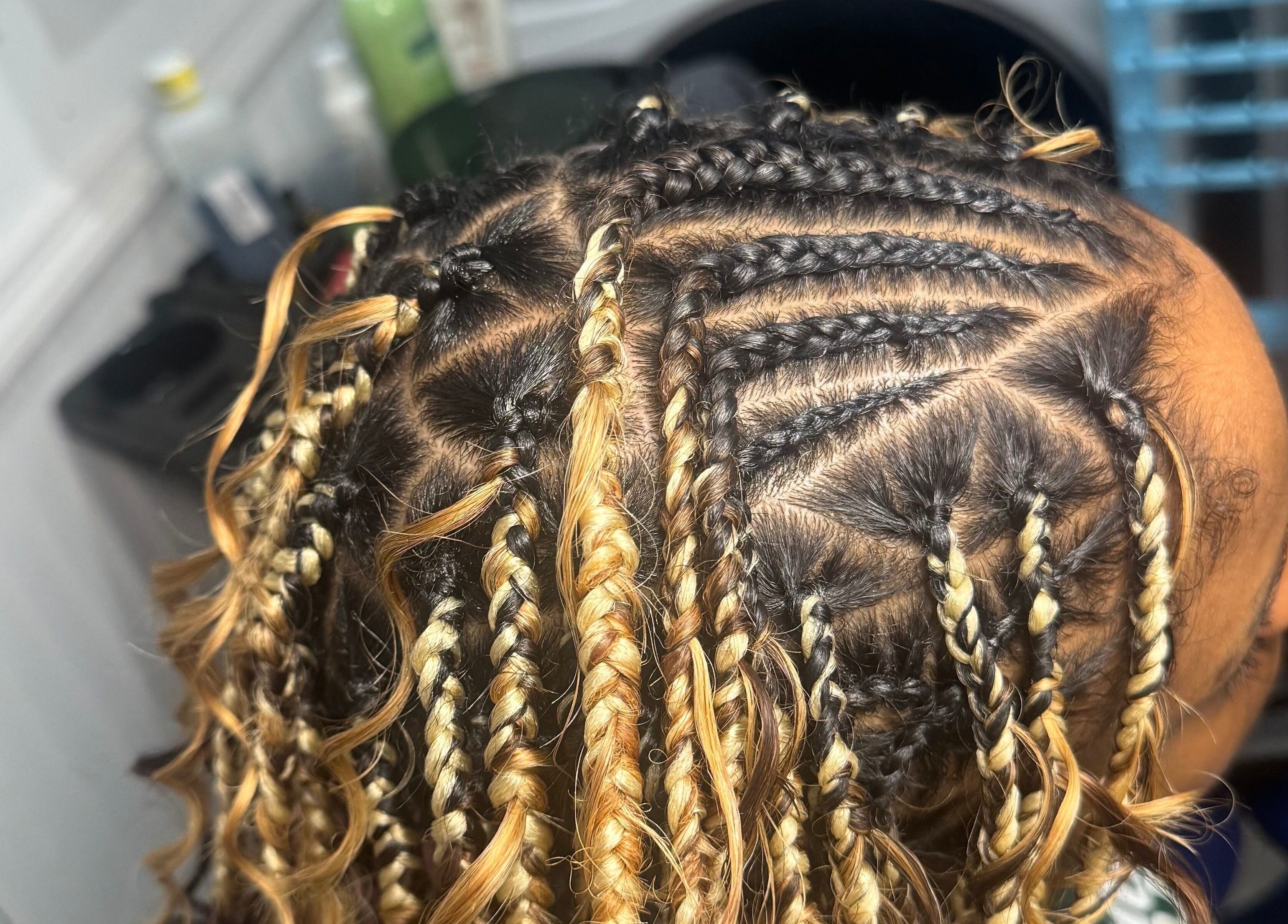 Intricate braided hairstyle with highlights at Bibii Hair in Miramar, Florida, US.