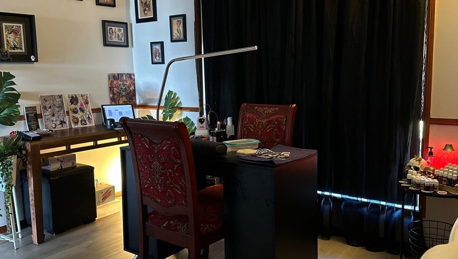 Chic nail station at Redemption Nails & Beauty in Narangba, Queensland, AU, showcasing welcoming decor.